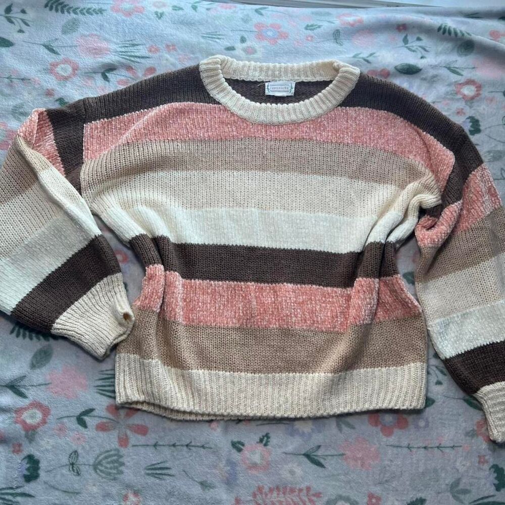 Brown Pink Striped Sweater M - Chunky Knit Oversized Retro Y2K Coquette Cottage